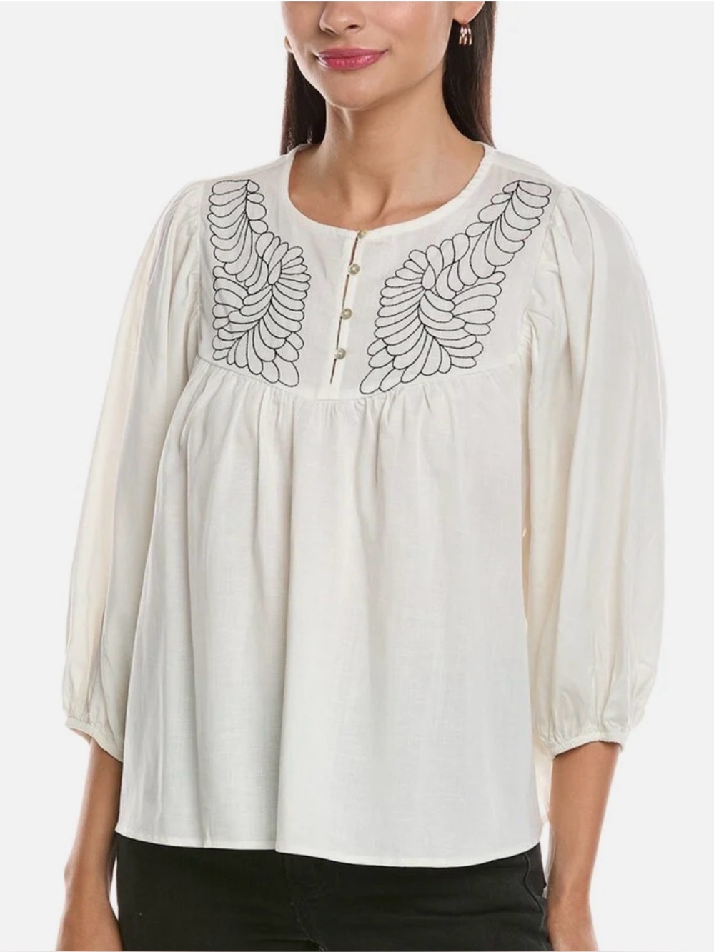 Nanette Nanette Lepore Women's Ivory/Black Balloon Sleeve Linen Blend Blouse XL